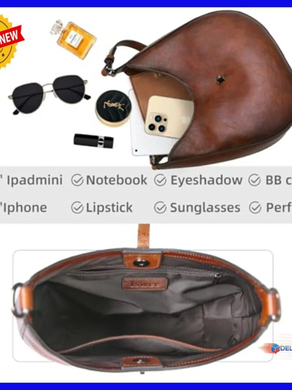 Medium Leather Crossbody Hobo Bag with Adjustable Strap, Secure Closure